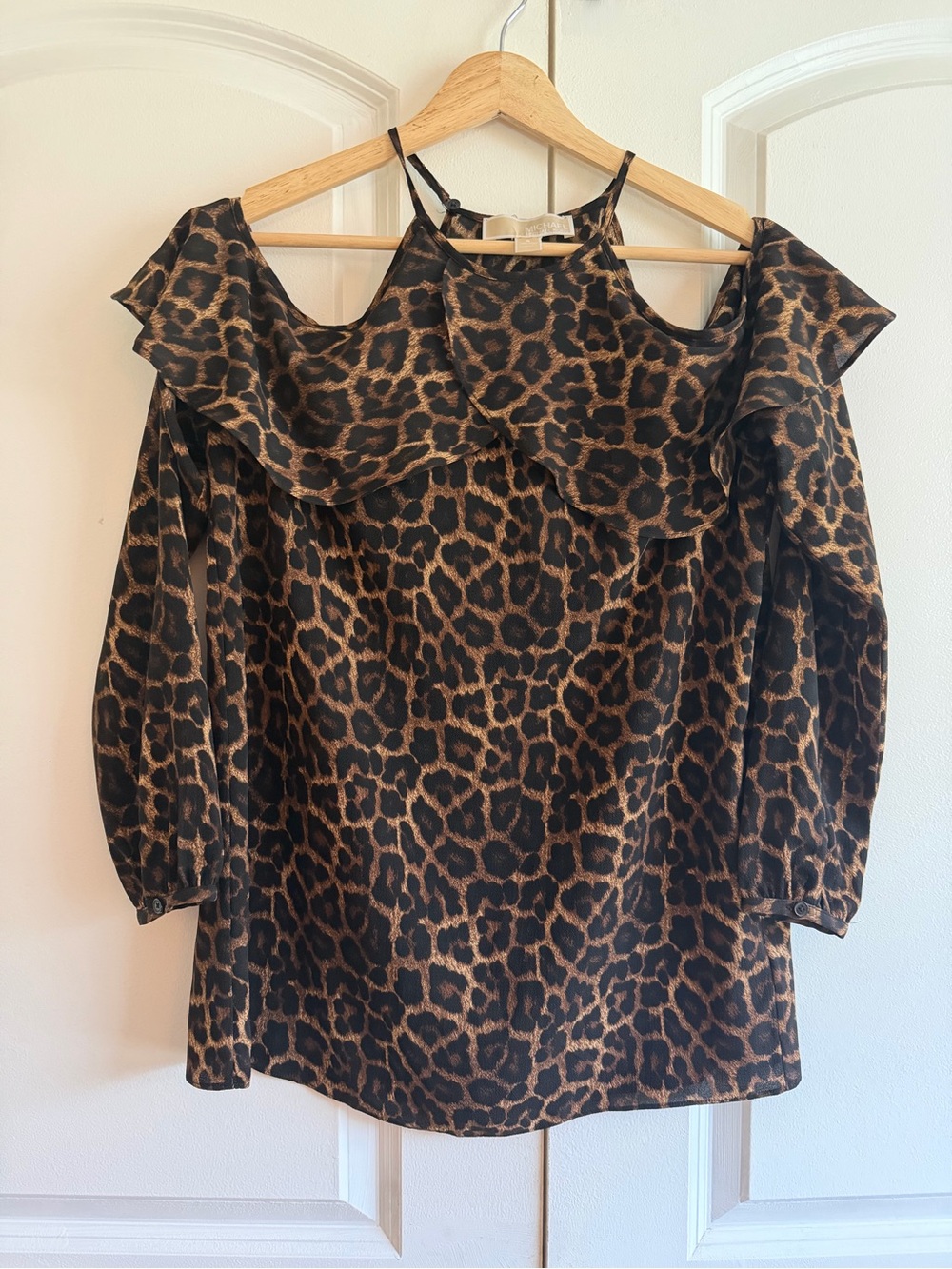 Michael Kors Leopard Print Open-Shoulder Blouse Animal Ruffle 3/4 Date Night